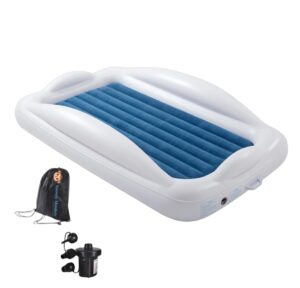 Inflatable travel bed for kids in navy blue with safety bumpers and soft velvet mattress