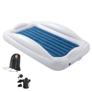 Inflatable travel bed for kids in navy blue with safety bumpers and soft velvet mattress